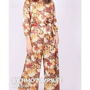 Timo Floral Jacquard Wide Leg Jumpsuit w/ self fabric belt, pockets, 3/4 Sleeves